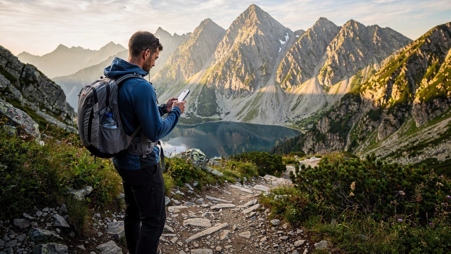 A solo hiker stands on a rugged trail overlooking a vast mountain landscape with towering peaks and a serene lake under a clear sky. The hiker is holding a smartphone, subtly indicating connection or safety in the remote natural environment. The scene is set in the majestic Tatra Mountains during summer, with warm, natural light. This image represents modern travel and technology for outdoor enthusiasts.
