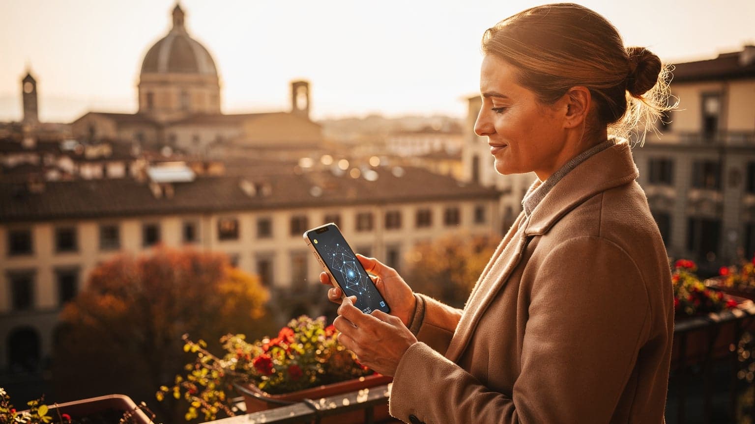 A traveler on a sun-drenched European balcony holds a smartphone with a glowing digital network pattern, symbolizing seamless eSIM connectivity and effortless global travel. Iconic architecture and subtle autumn colors are in the background.