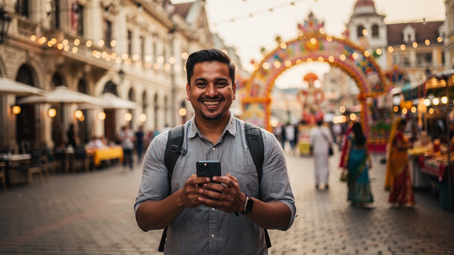 A joyful traveler holding a smartphone in a foreign city, with a blurred background showing festive decorations, symbolizing global connection during cultural celebrations.