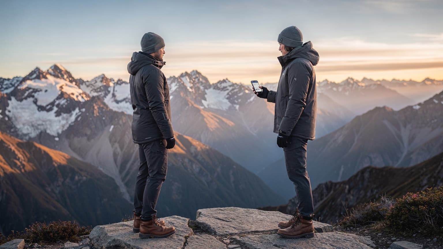 A wide-angle, cinematic photo of a traveler standing in front of majestic, snow-capped Andes mountains at sunset, holding a smartphone. The scene evokes global connectivity and adventure.