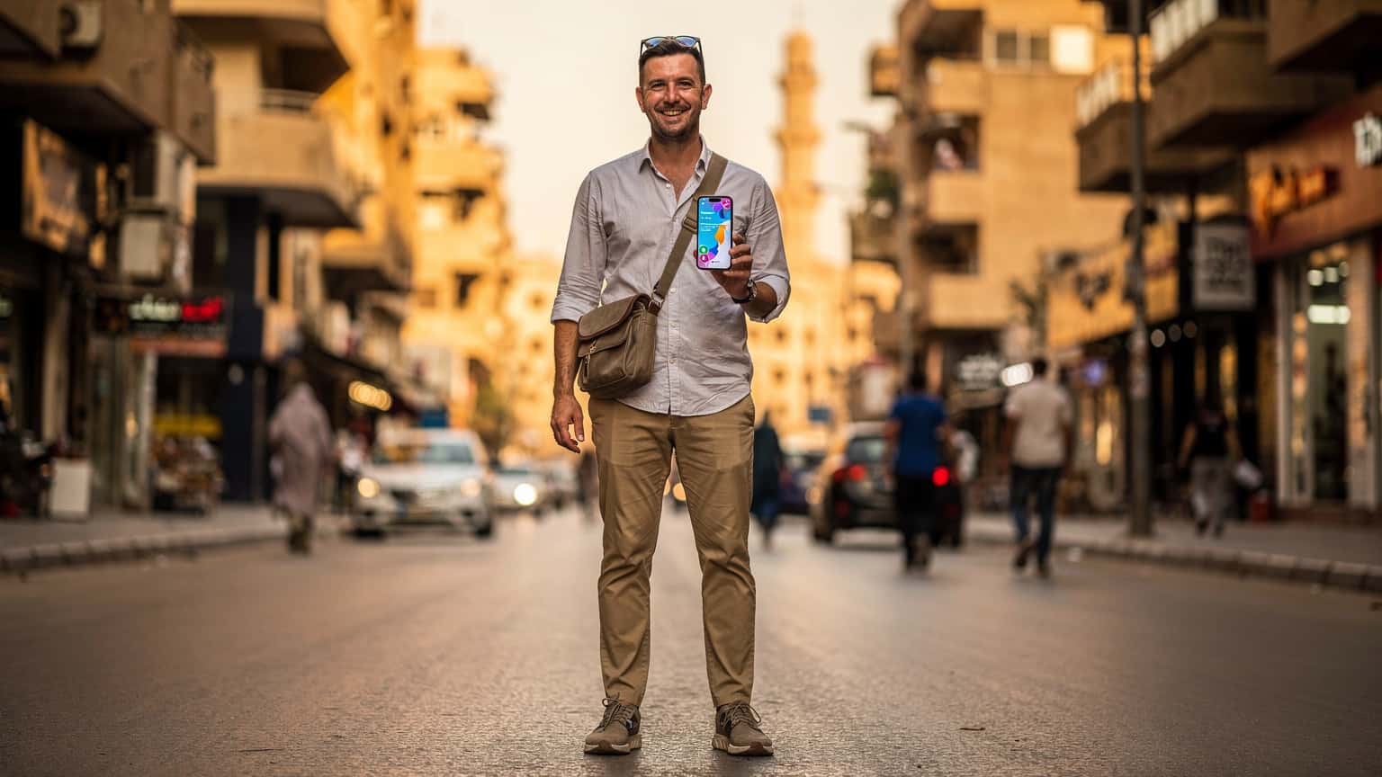 A modern traveler in Cairo, Egypt, looking relaxed while holding a smartphone with a digital map or connectivity status displayed, set against a backdrop of modern Cairene architecture and a distant minaret under golden hour light.