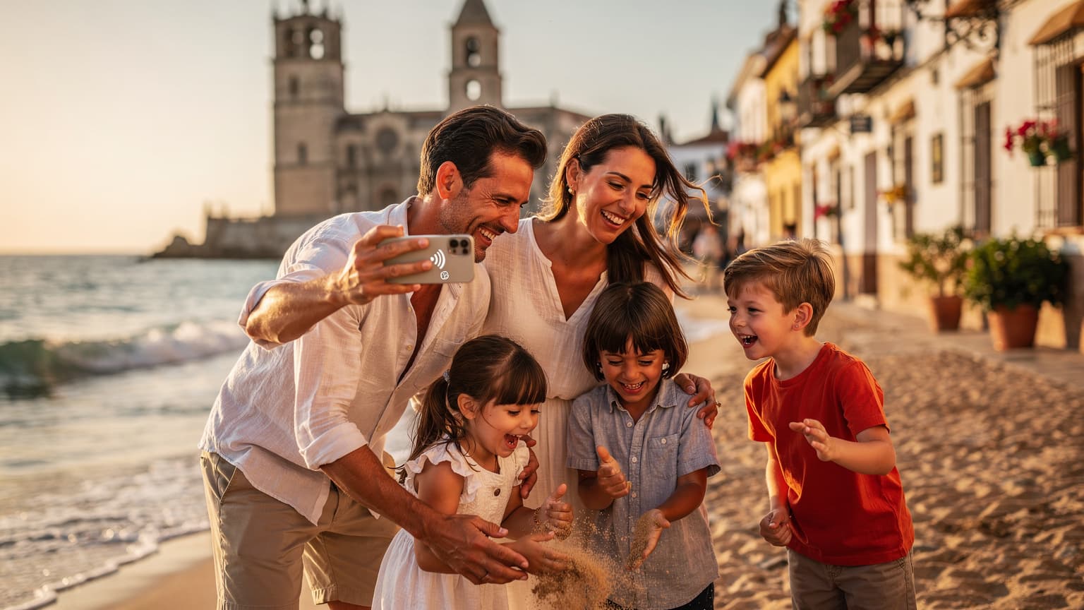 A happy family on a Spanish holiday, with a parent subtly showing a smartphone with a strong network signal, emphasizing seamless connectivity.