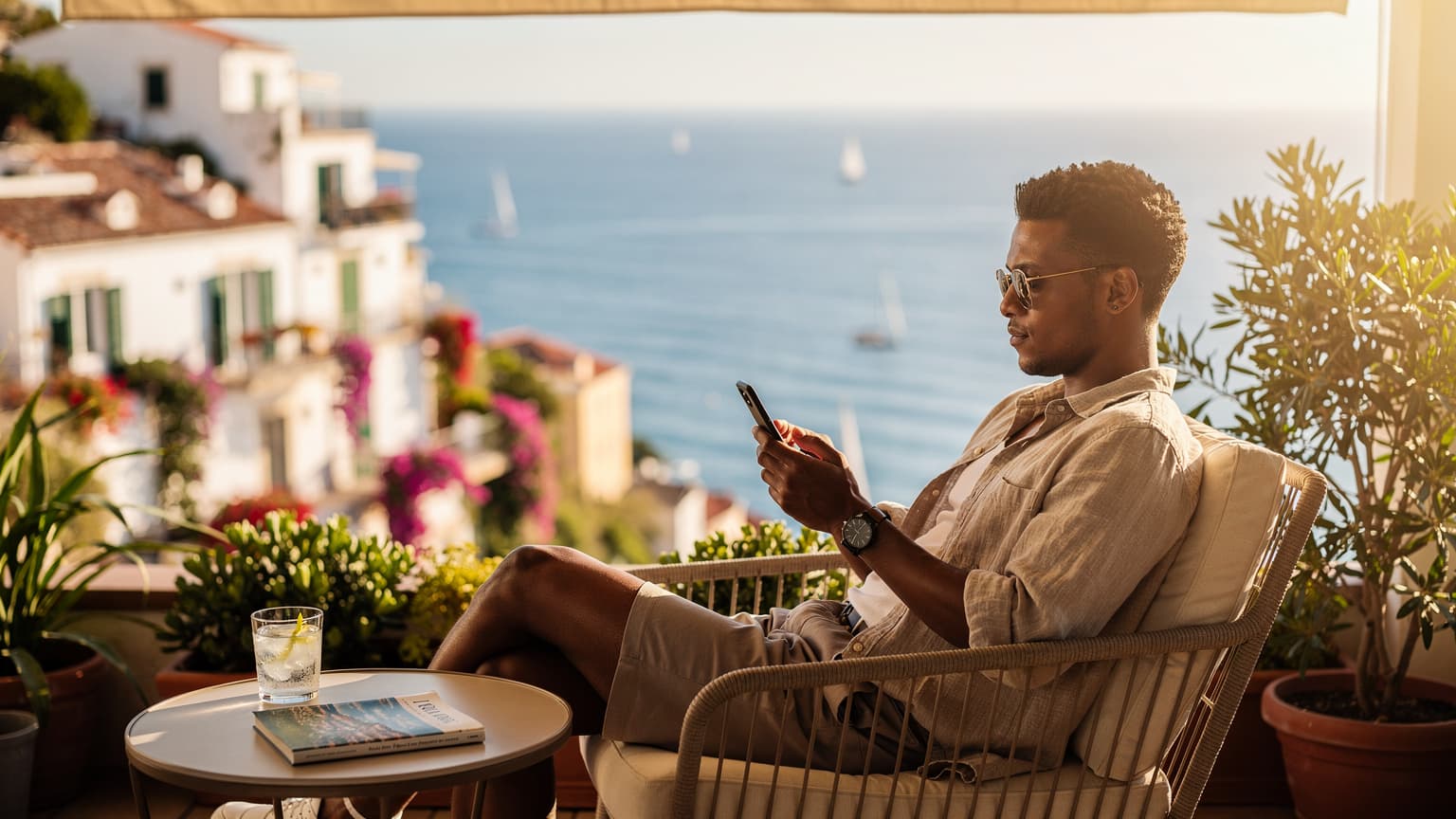 A person relaxing on a shaded balcony overlooking a Mediterranean coastal town, subtly holding a smartphone, suggesting a connected and cool summer holiday.