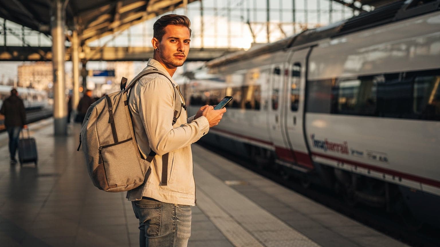 A young traveler with a backpack looks at their smartphone on a busy European train station platform, with a modern train in the background, under golden hour natural light. The image represents modern travel and digital connectivity.