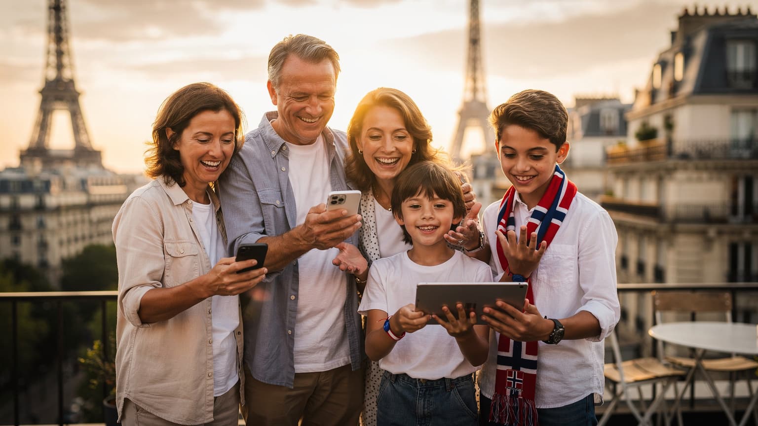 A happy multi-generational family on a Parisian rooftop during golden hour, looking at smartphones and tablets with the Eiffel Tower in the background. They are subtly showing Norwegian colors, conveying joy and connectivity during the Olympics.