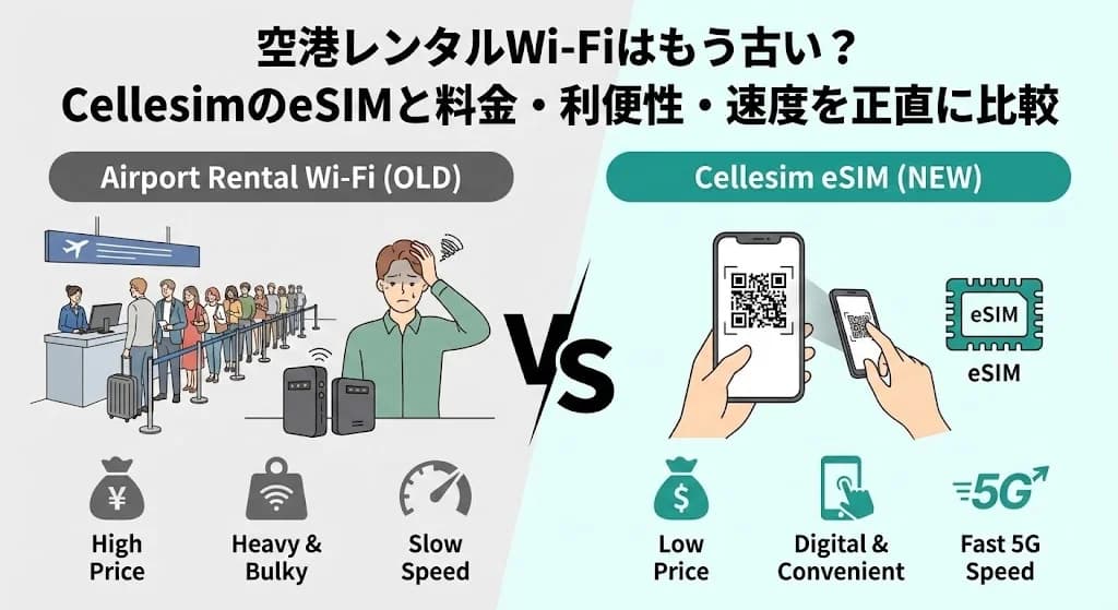 空港レンタルWi-Fiはもう古い?CellesimのeSIMと料金・利便性・速度を正直に比較