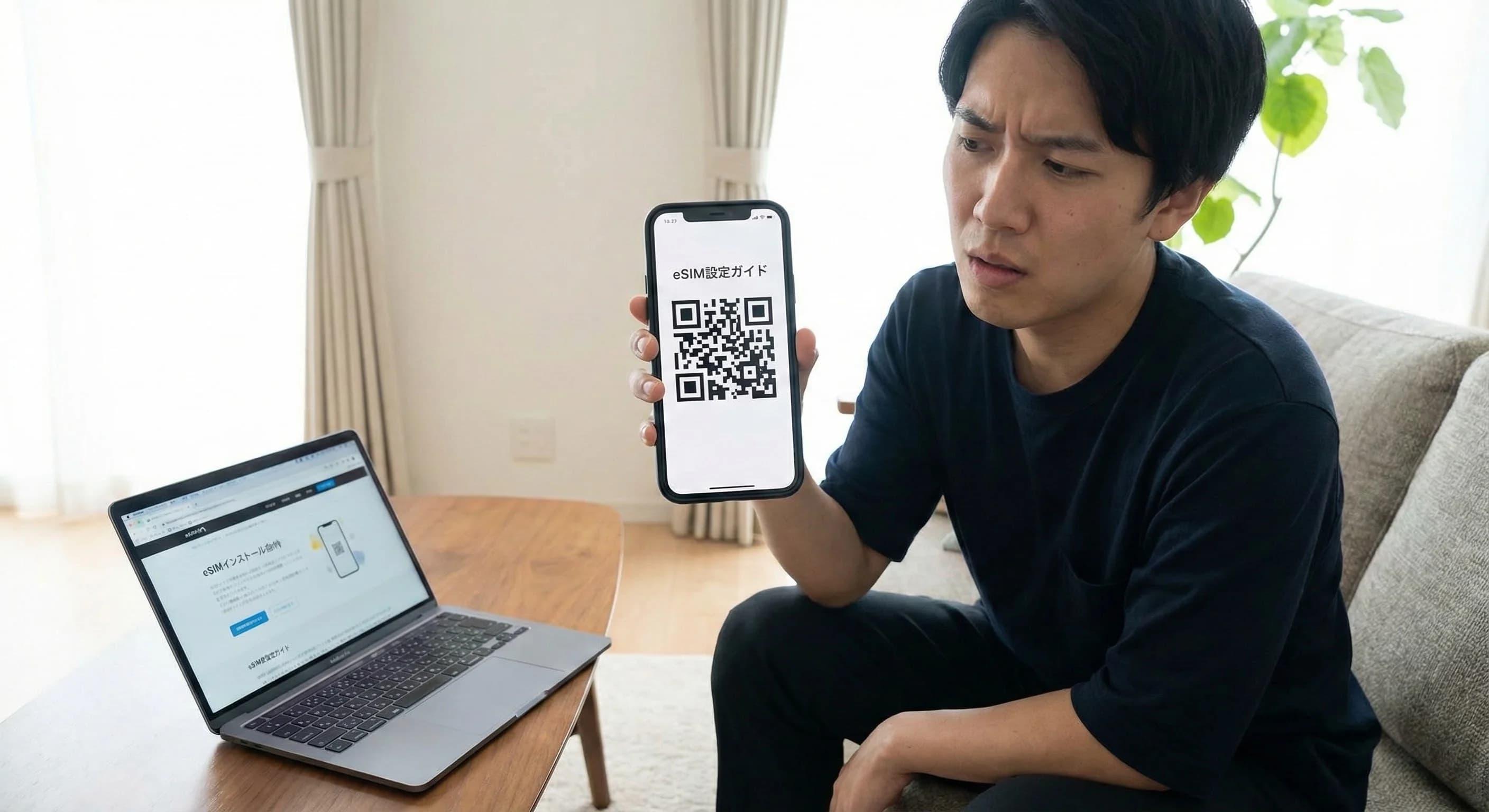 スマホが1台しかない!画面上のQRコードはどうやって読み取る?(eSIM設定ガイド)